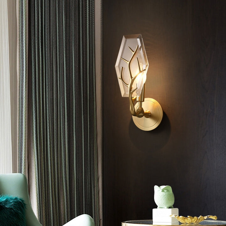 Contemporary Luxury Copper Crystal Polygon Branch 1-Light Wall Sconce Lamp For Living Room