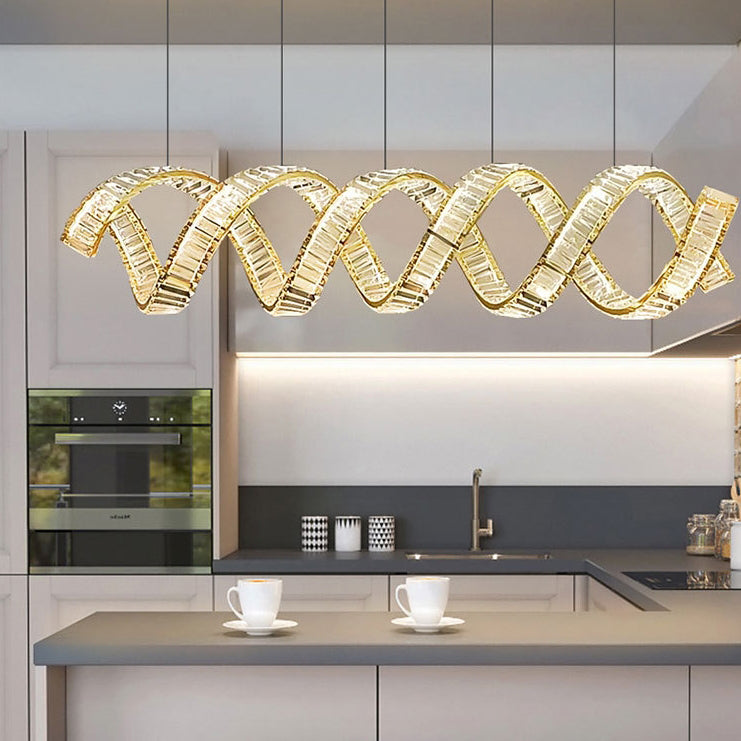 Modern Luxury Stainless Steel Crystal Double Loop Wave LED Chandelier For Dining Room