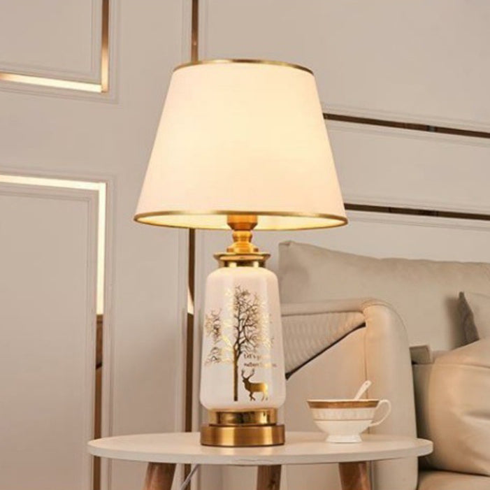 Traditional European Cylinder Ceramic Hardware Fabric 1-Light Table Lamp For Bedroom