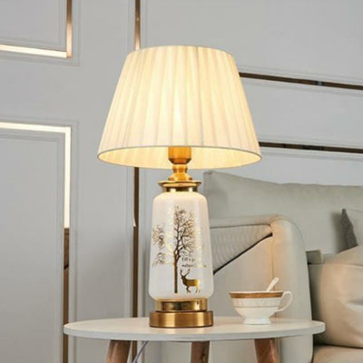 Traditional European Cylinder Ceramic Hardware Fabric 1-Light Table Lamp For Bedroom