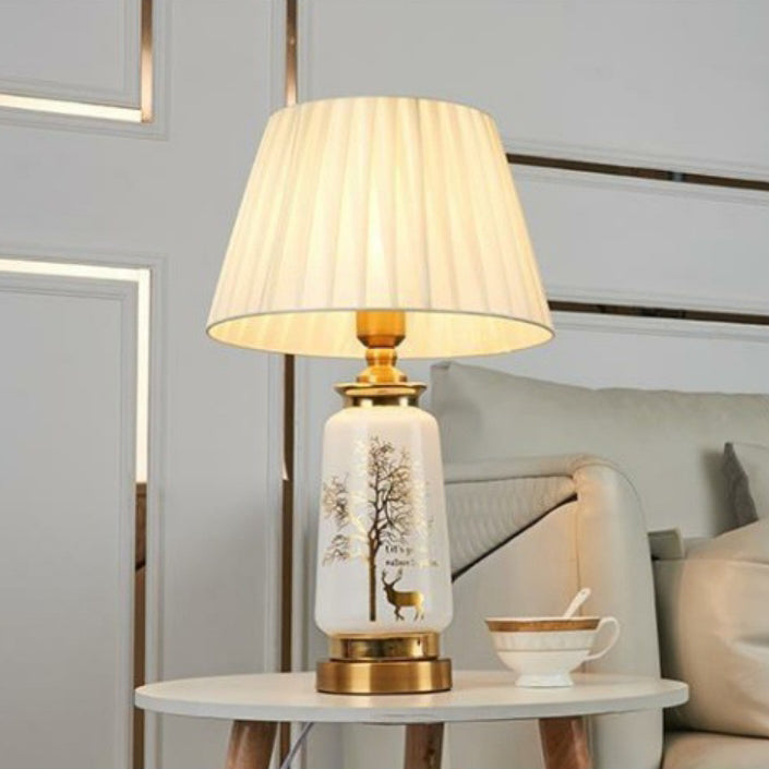 Traditional European Cylinder Ceramic Hardware Fabric 1-Light Table Lamp For Bedroom