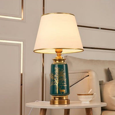 Traditional European Cylinder Ceramic Hardware Fabric 1-Light Table Lamp For Bedroom