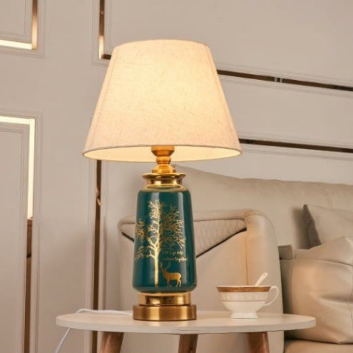 Traditional European Cylinder Ceramic Hardware Fabric 1-Light Table Lamp For Bedroom