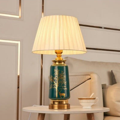 Traditional European Cylinder Ceramic Hardware Fabric 1-Light Table Lamp For Bedroom