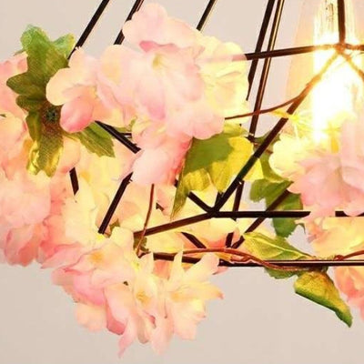 Contemporary Retro Iron Hemp Rope Simulated Greenery Diamond Sakura Leaf 1-Light Pendant Light For Dining Room