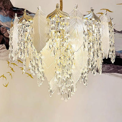 Contemporary Luxury Leaf Crystal Glass Iron Ceramic 9/15/16 Light Chandelier For Living Room