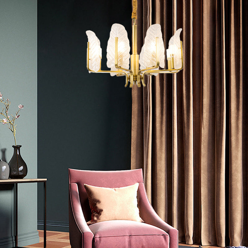 Contemporary Scandinavian Leaf Branch Glass Copper 8-Light Chandelier For Bedroom
