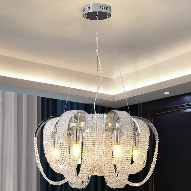 Contemporary Luxury Round Fringe Crystal Stainless Steels 6/8 Light Chandeliers For Living Room