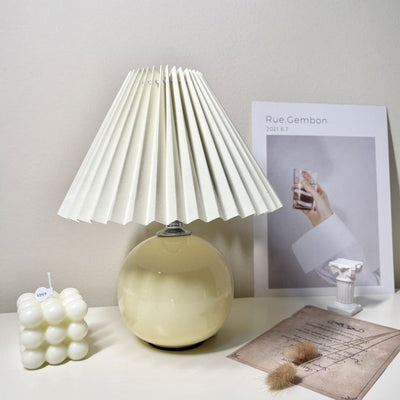 Modern Minimalist Round Fabric Pleated Ceramic LED Table Lamp For Bedroom