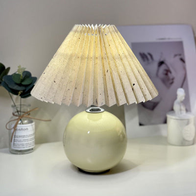 Modern Minimalist Round Fabric Pleated Ceramic LED Table Lamp For Bedroom