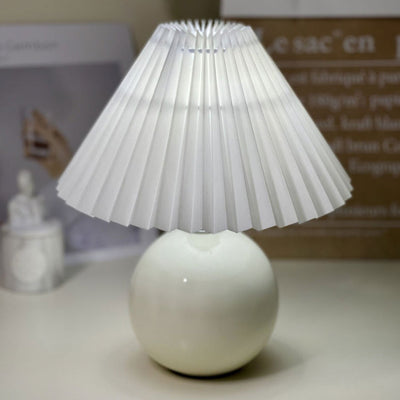 Modern Minimalist Round Fabric Pleated Ceramic LED Table Lamp For Bedroom