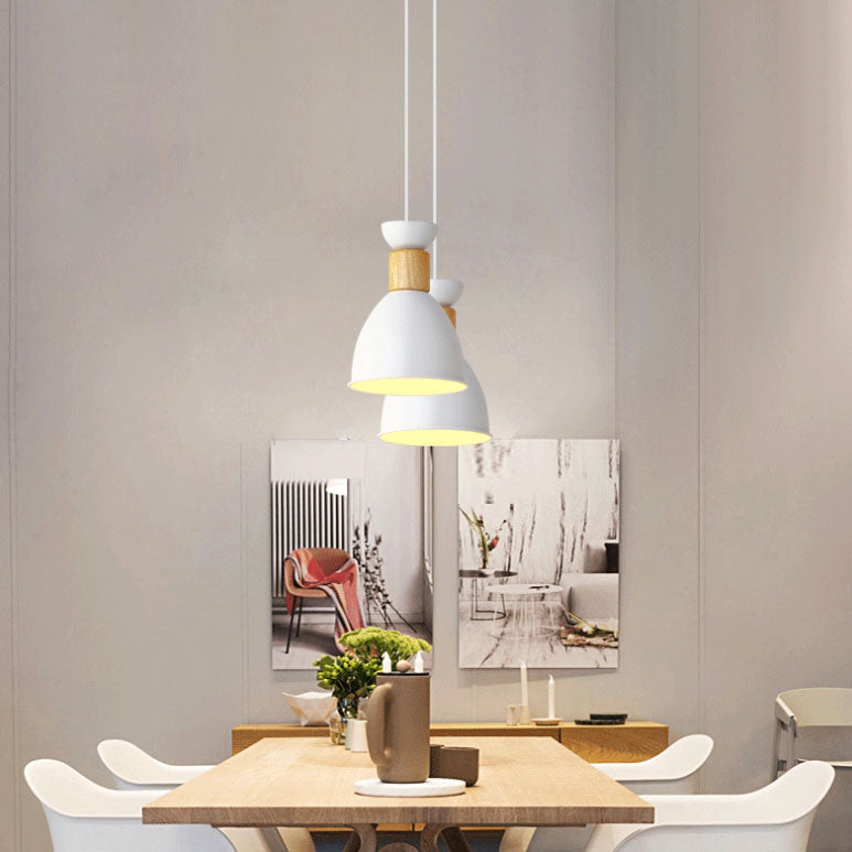 Contemporary Scandinavian Wood Iron Bell Round 1-Light Pendant Light For Dining Room