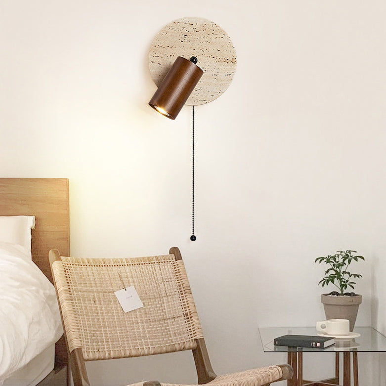 Modern Mid-Century Round Cylinder Solid Wood Beige Travertine 1-Light Wall Sconce Lamp For Bedroom