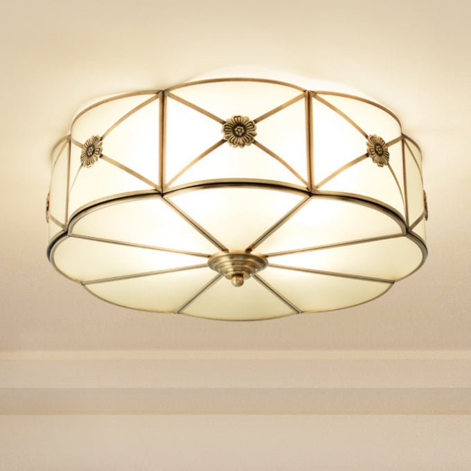 Traditional European Brass Glass Round Hand Carved 3/4/6 Light Flush Mount Ceiling Light For Living Room