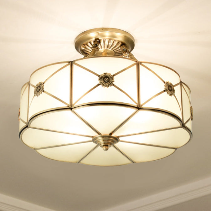 Traditional European Brass Glass Round Hand Carved 4/6 Light Semi-Flush Mount Ceiling Light For Hallway