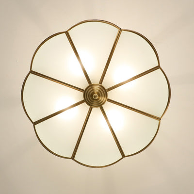 Traditional European Brass Glass Round Hand Carved 4/6 Light Semi-Flush Mount Ceiling Light For Hallway