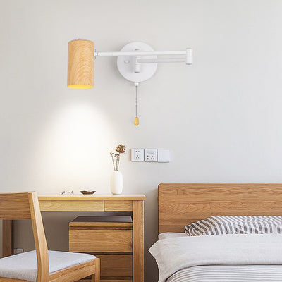 Contemporary Scandinavian Cylinder Iron Plastic Woodgrain 1-Light Wall Sconce Lamp For Bedroom