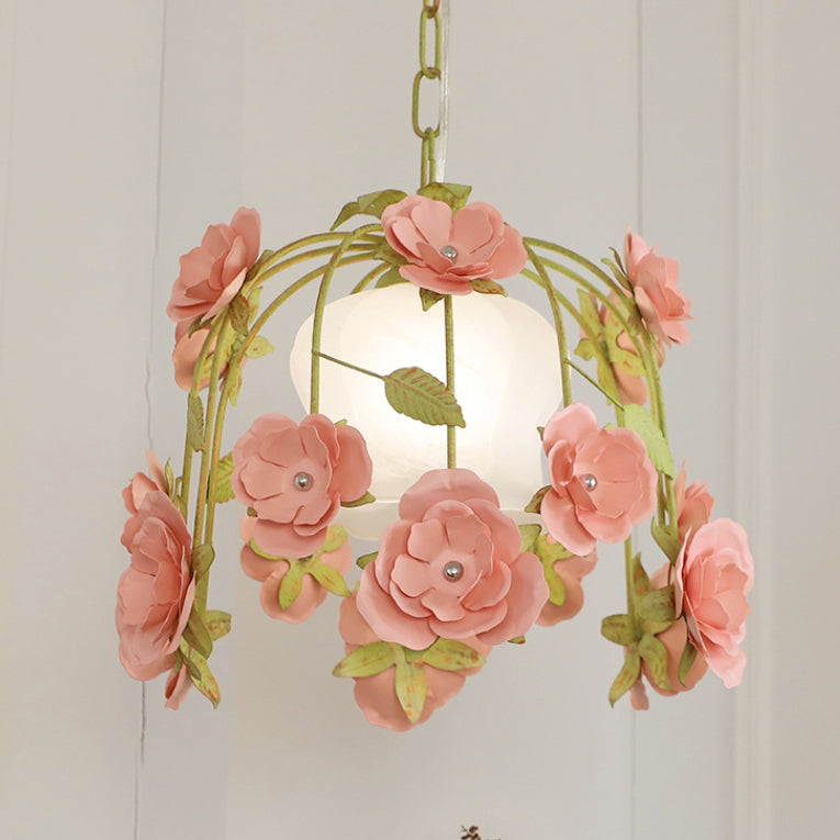 Modern Art Deco Rose Round Iron Glass 1-Light Pendant Light For Bedroom