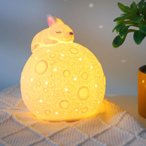 Contemporary Creative Luna Moon Astronaut Rabbit Ceramic LED Table Lamp For Bedroom