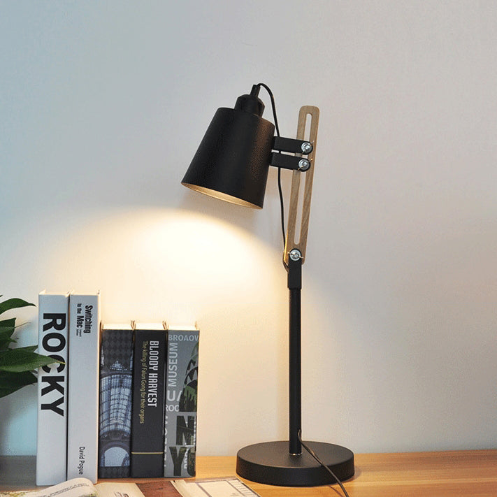 Contemporary Nordic Cylinder Iron Wood Rotatable 1-Light Desk Lamp For Study