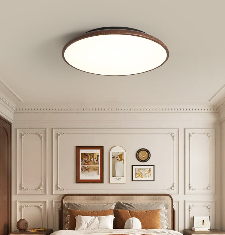 Modern Minimalist Iron Wood Grain Round LED Semi-Flush Mount Ceiling Light For Living Room