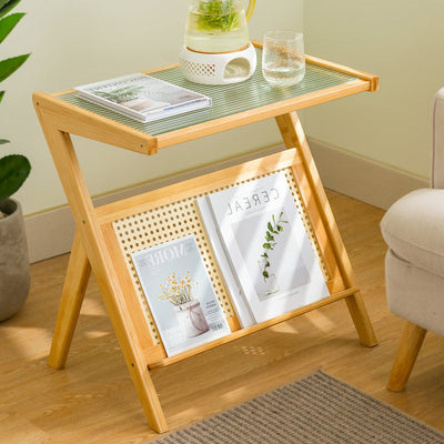 Contemporary Creative Rectangular Geometric Bamboo Glass Side Table 1-Shelf For Living Room