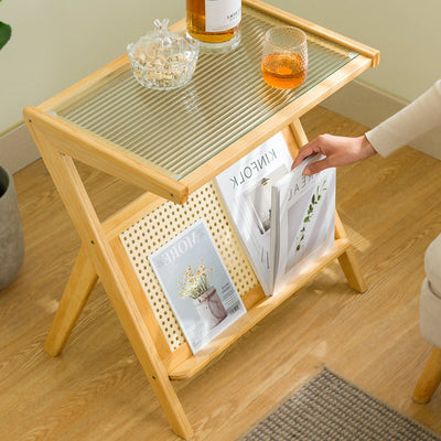 Contemporary Creative Rectangular Geometric Bamboo Glass Side Table 1-Shelf For Living Room