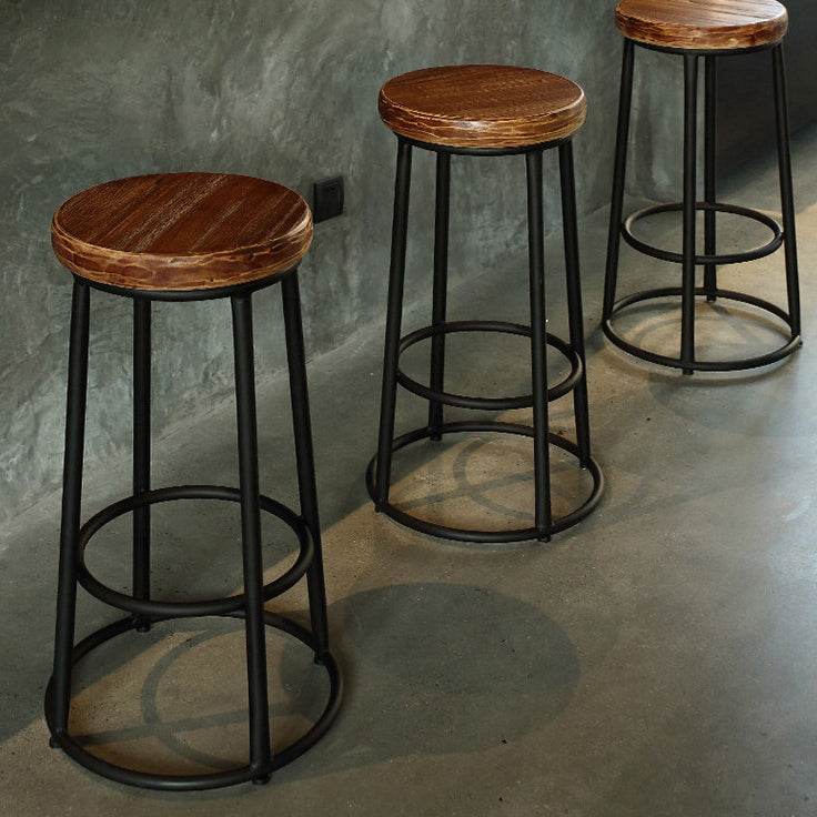 Contemporary Industrial Round Solid Wood Iron Frame Bar Stool Backless Footrest For Dining Room