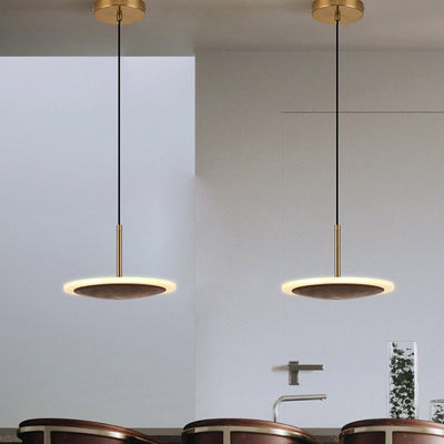 Luminaire suspendu rond moderne à 1 lumière LED en bois de noyer brun 