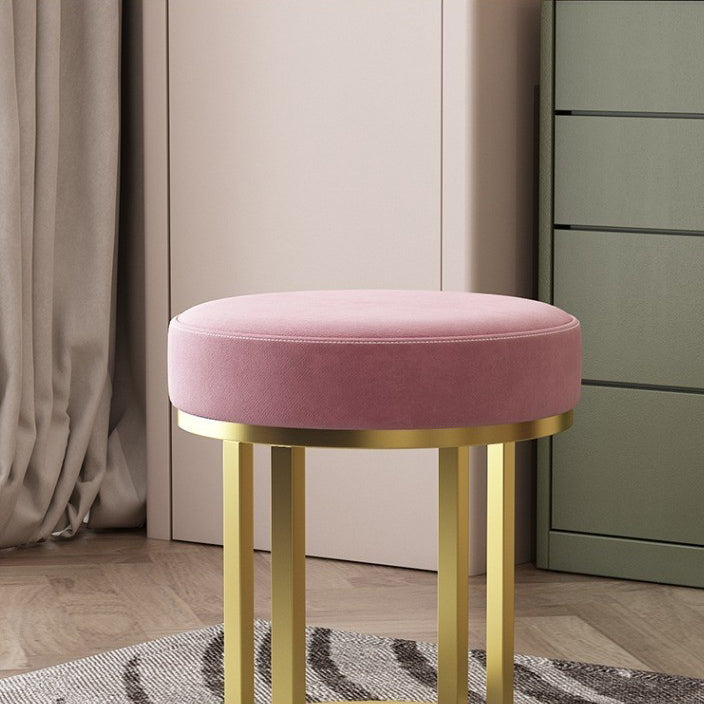 Modern Luxury Cylindrical Cotton Linen Leather Velvet Fabric Iron Vanity Stool For Bedroom