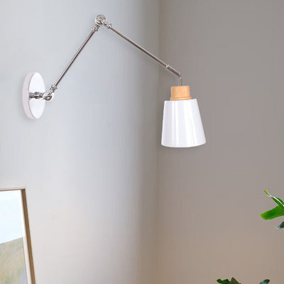 Modern Minimalist Retractable Cylinder Iron Zinc Wood 1-Light Wall Sconce Lamp For Bedroom