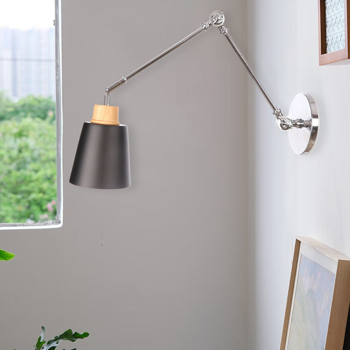 Modern Minimalist Retractable Cylinder Iron Zinc Wood 1-Light Wall Sconce Lamp For Bedroom