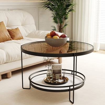 Modern Minimalist Round Glass Rock Slab Iron Coffee Table 2-Tiers For Living Room