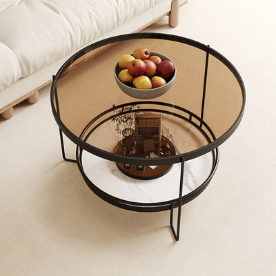 Modern Minimalist Round Glass Rock Slab Iron Coffee Table 2-Tiers For Living Room