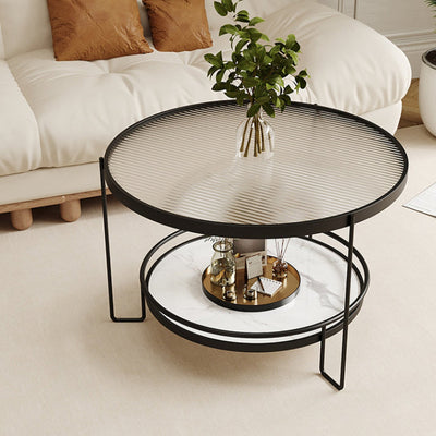 Modern Minimalist Round Glass Rock Slab Iron Coffee Table 2-Tiers For Living Room