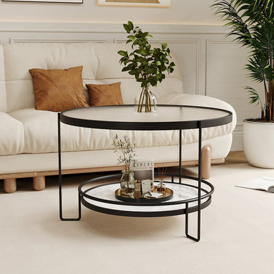 Modern Minimalist Round Glass Rock Slab Iron Coffee Table 2-Tiers For Living Room