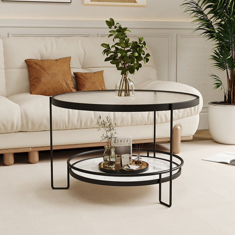 Modern Minimalist Round Glass Rock Slab Iron Coffee Table 2-Tiers For Living Room