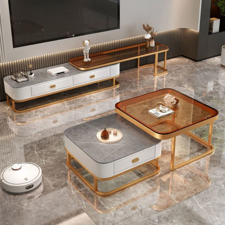 Modern Luxury Square Glass Top Nesting Coffee Table Drawer For Living Room