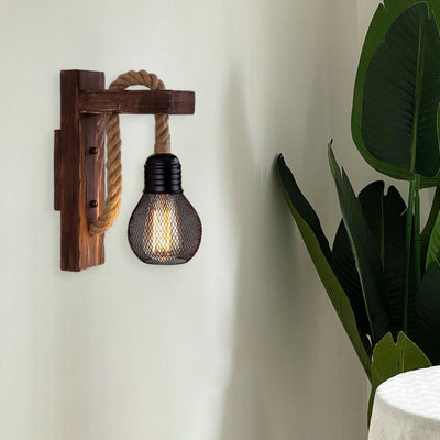 Contemporary Industrial Wood Hemp Rope Iron Glass Cubic Pendant 1-Light Wall Sconce Lamp For Hallway