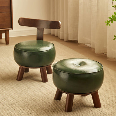 Modern Minimalist Round Bent Leather Solid Wood Footstool Backrest Armless For Living Room