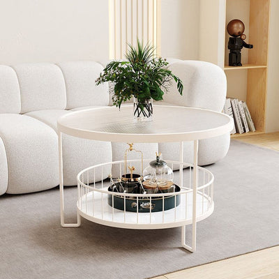 Modern Minimalist Round Tabletop Iron Tempered Glass Coffee Table 1-Shelf For Living Room