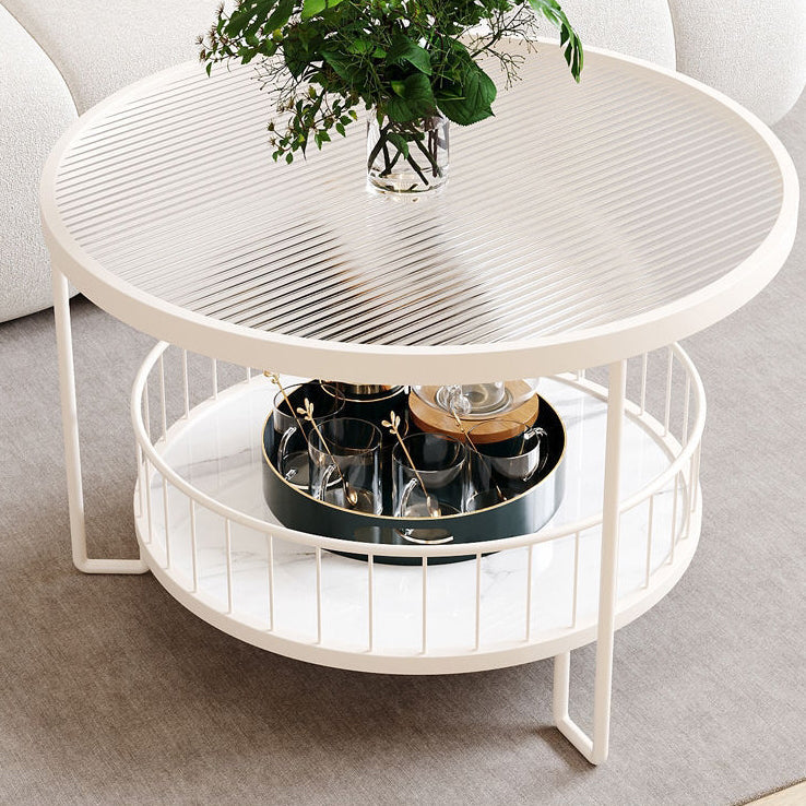 Modern Minimalist Round Tabletop Iron Tempered Glass Coffee Table 1-Shelf For Living Room