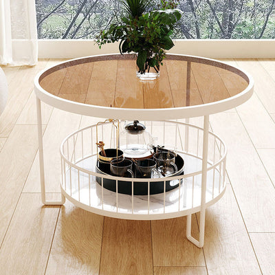 Modern Minimalist Round Tabletop Iron Tempered Glass Coffee Table 1-Shelf For Living Room