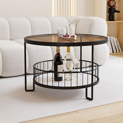 Modern Minimalist Round Tabletop Iron Tempered Glass Coffee Table 1-Shelf For Living Room