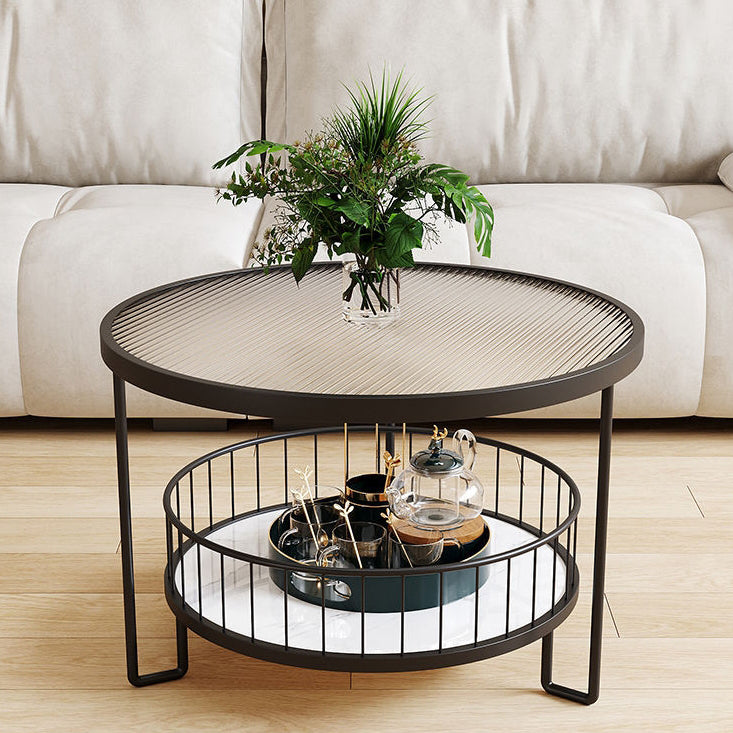 Modern Minimalist Round Tabletop Iron Tempered Glass Coffee Table 1-Shelf For Living Room