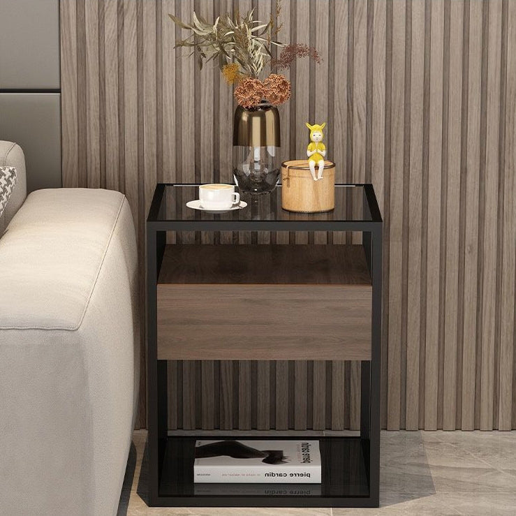 Contemporary Scandinavian Square Table Top Glass Solid Wood Iron Rock Slab Nightstand 1-Drawer For Bedroom