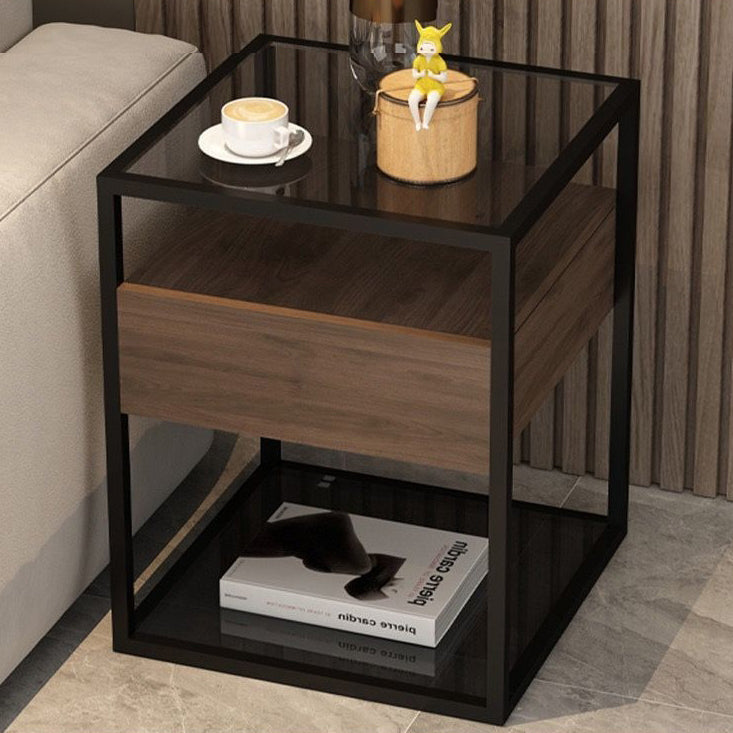 Contemporary Scandinavian Square Table Top Glass Solid Wood Iron Rock Slab Nightstand 1-Drawer For Bedroom