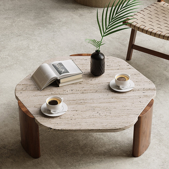 Contemporary Nordic Hexagon Travertine Wood Coffee Table 3-Leg For Living Room