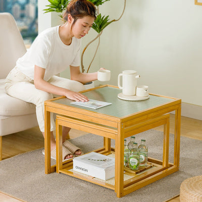 Traditional Japanese Square Wood Acrylic Coffee Table 1/2-Tier For Living Room