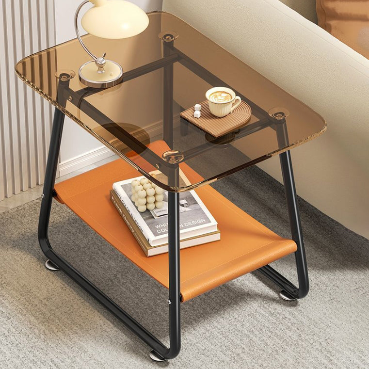 Contemporary Nordic Rectangular Tempered Glass Carbon Steel End Table 2-Tier For Living Room